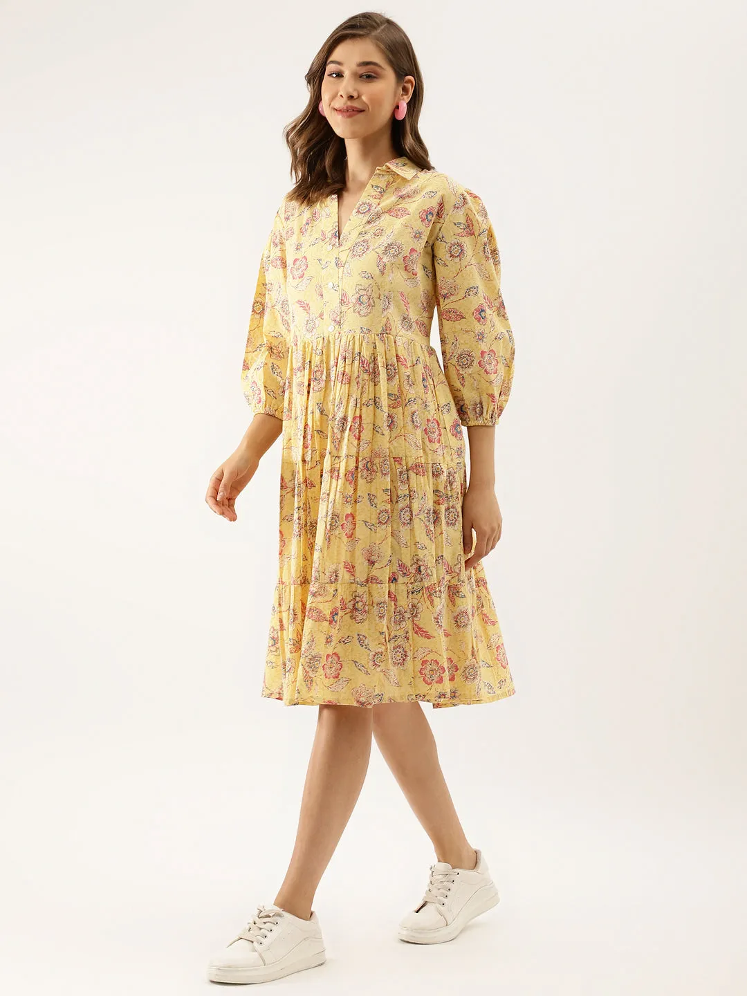 Jashvi Yellow Floral Printed Cotton Dress for Women