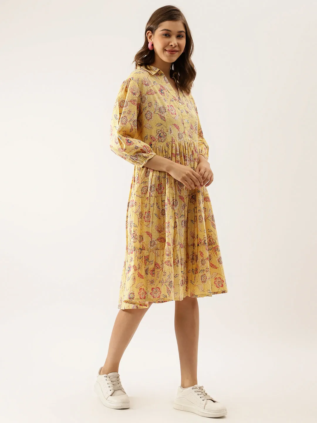 Jashvi Yellow Floral Printed Cotton Dress for Women