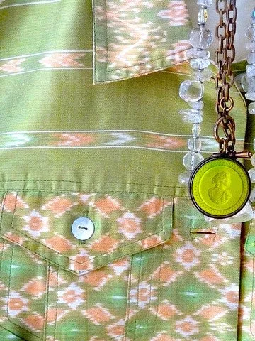 Jean Jacket Silk Ikat Mother Of Pearl Peridot Ivory