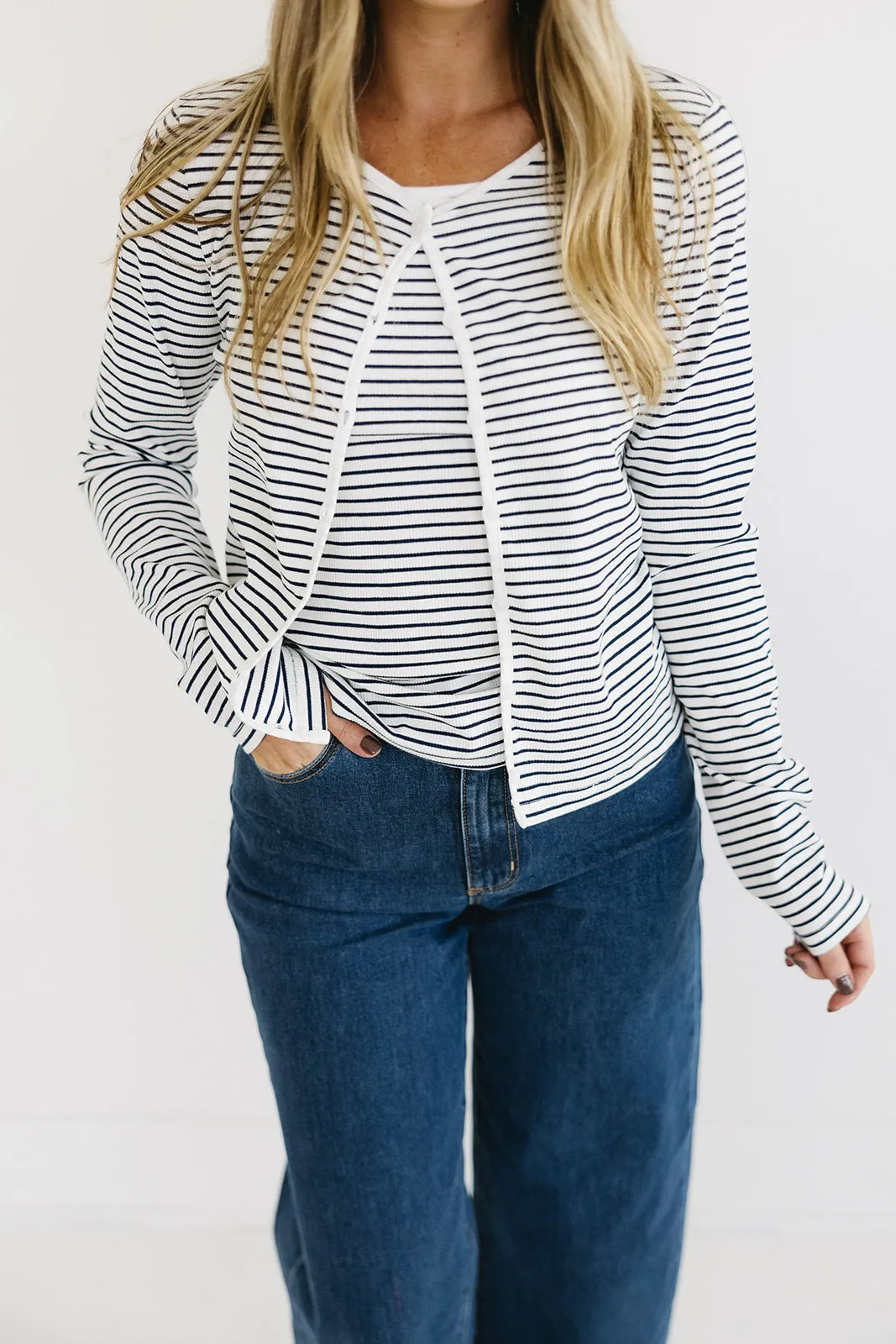 Jillian Stripe Cardigan Set - Ivory/Navy