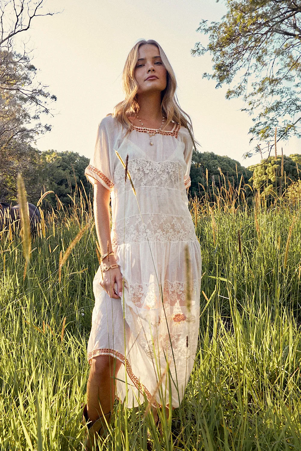 Just A Dream Silk/Cotton, Embroidered   Lace Midi Dress