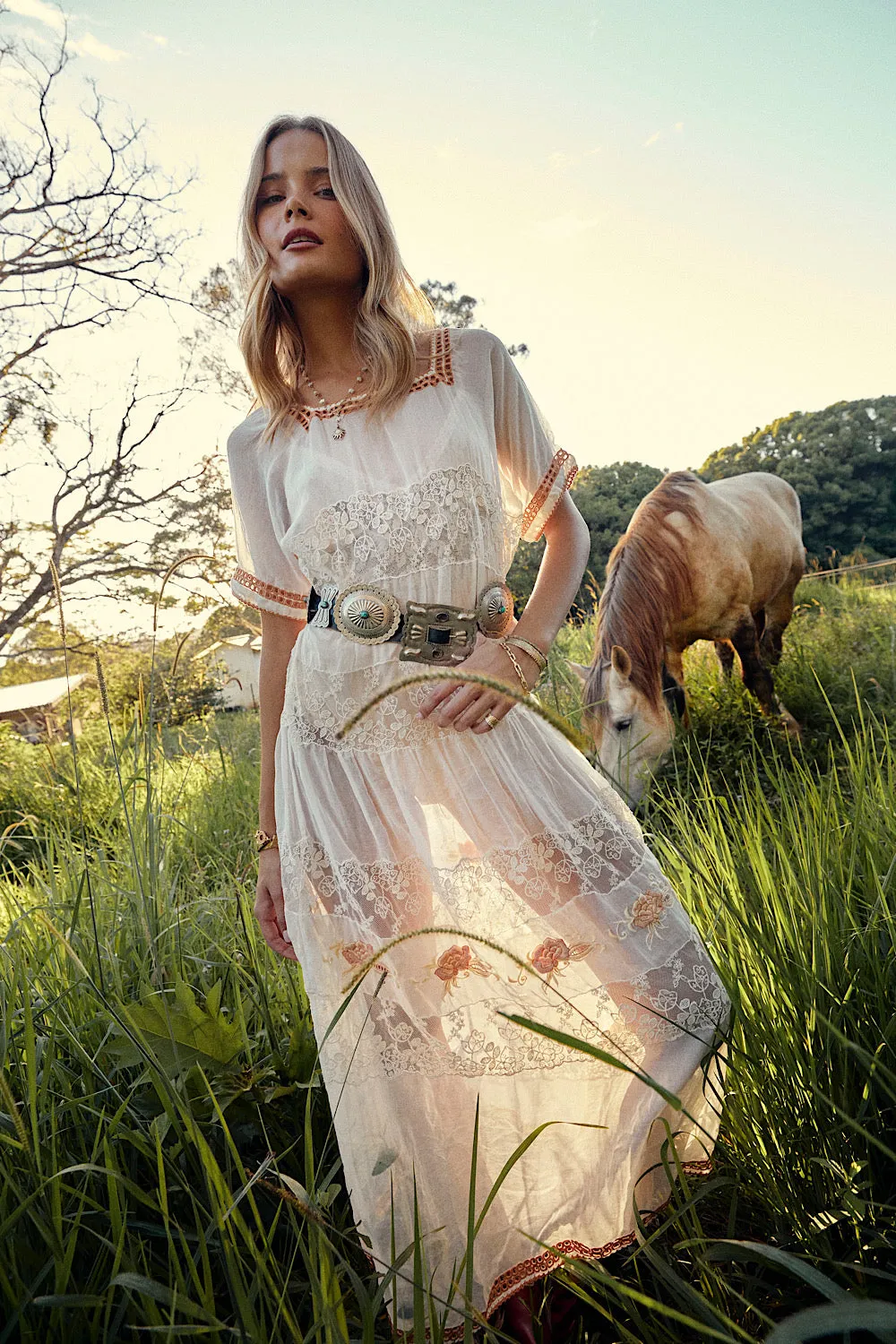 Just A Dream Silk/Cotton, Embroidered   Lace Midi Dress