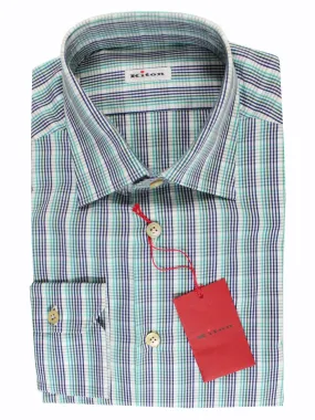 Kiton Shirt White Turquoise Green Navy Check Long Sleeve 41 - 16 BLACK FRIDAY SALE