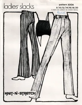 Knit N Stretch 200 A Womens Stretch Straight Leg or Bell Bottom Pants 1970s Vintage Sewing Pattern Sizes 8 - 20 UNCUT