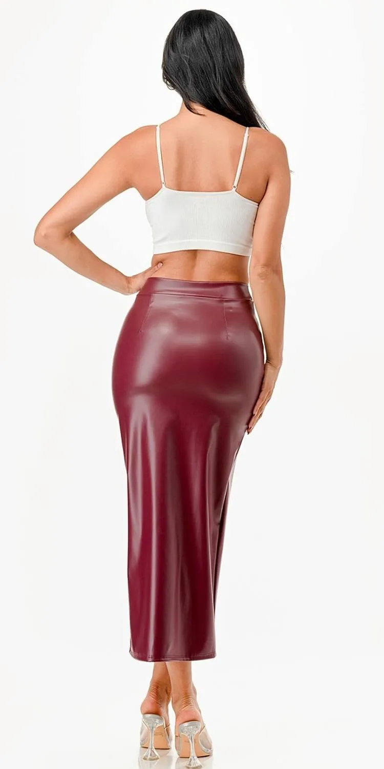 La Scala 26019 Mid Length PU leather Pencil Skirt With Open Slit