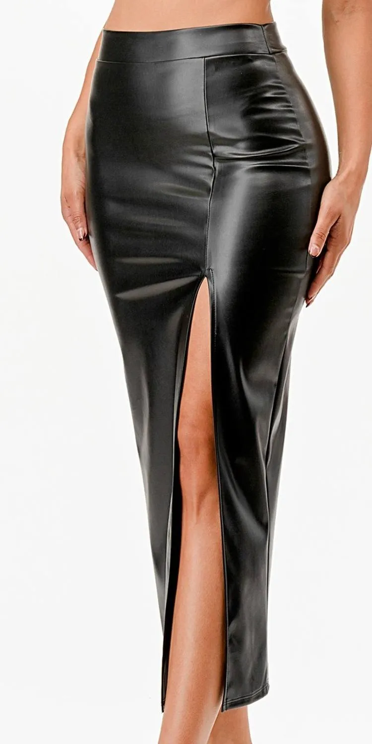 La Scala 26019 Mid Length PU leather Pencil Skirt With Open Slit