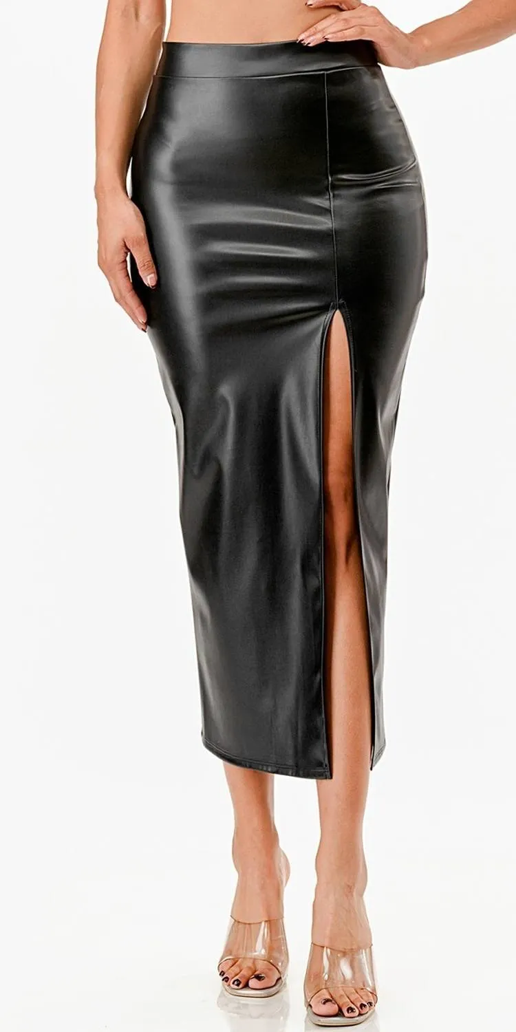 La Scala 26019 Mid Length PU leather Pencil Skirt With Open Slit