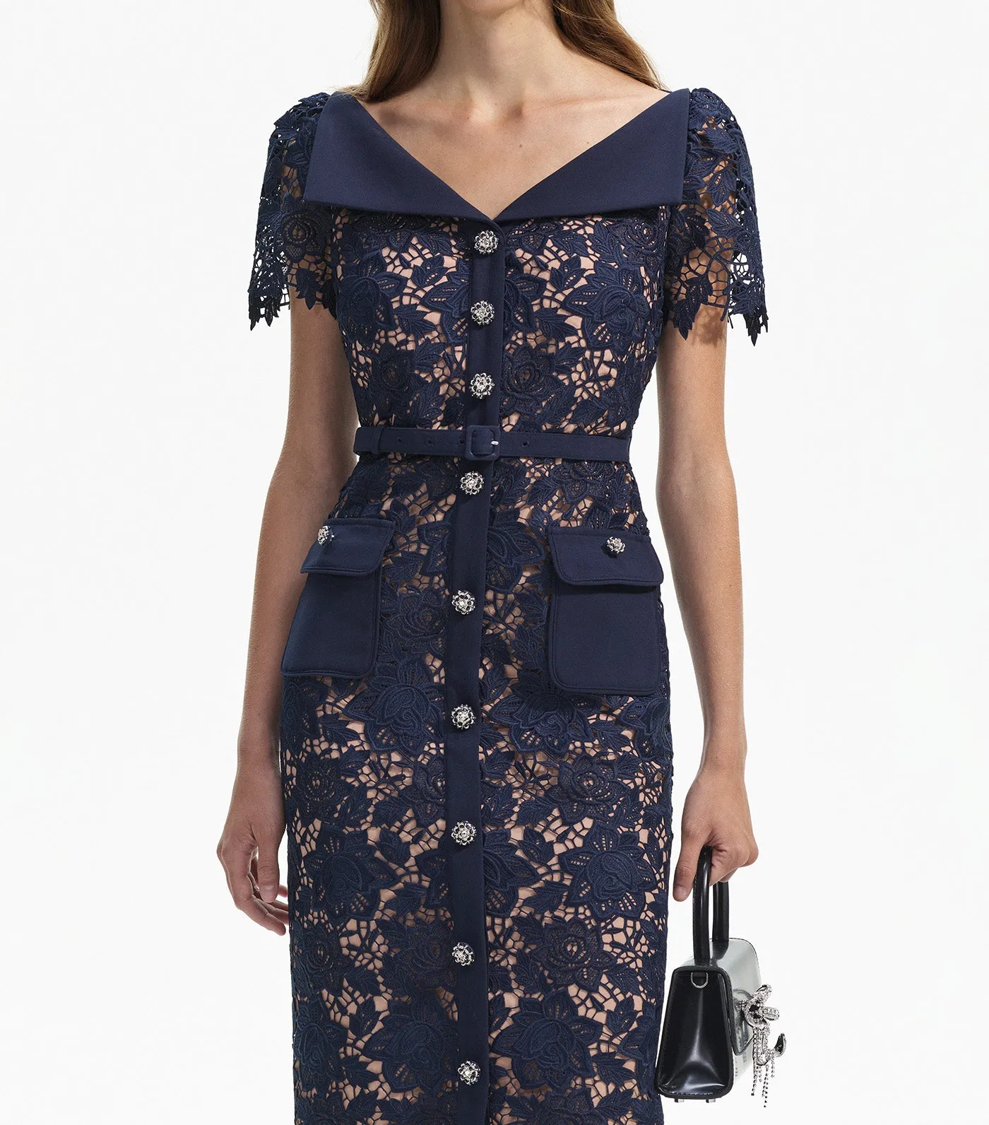 Lace Open Neck Midi Dress Navy