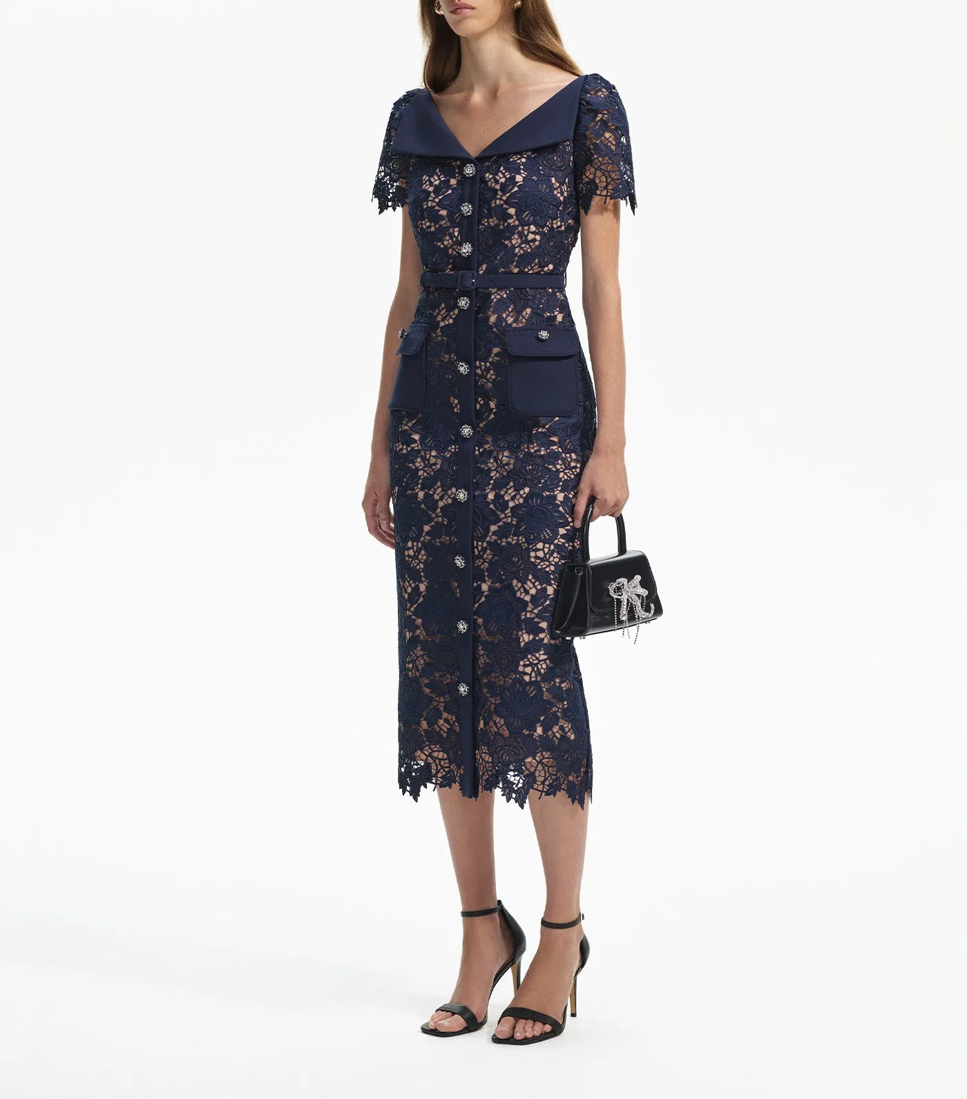 Lace Open Neck Midi Dress Navy