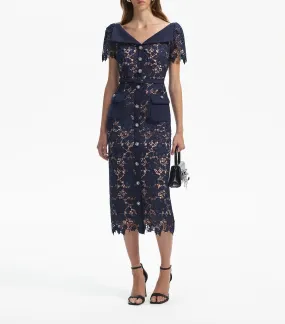 Lace Open Neck Midi Dress Navy