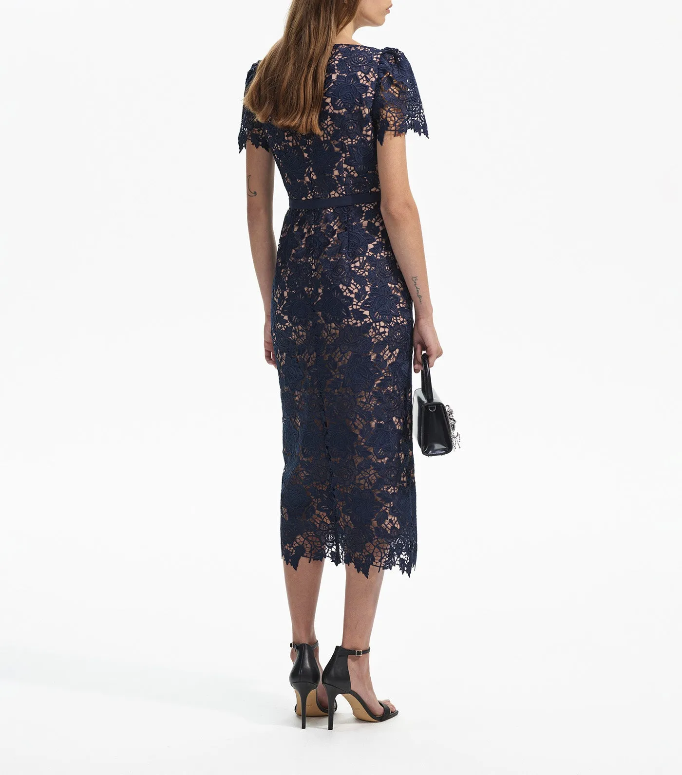 Lace Open Neck Midi Dress Navy