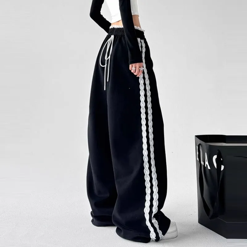 Lace stitching black sweatpants women high waist drape wide leg pants