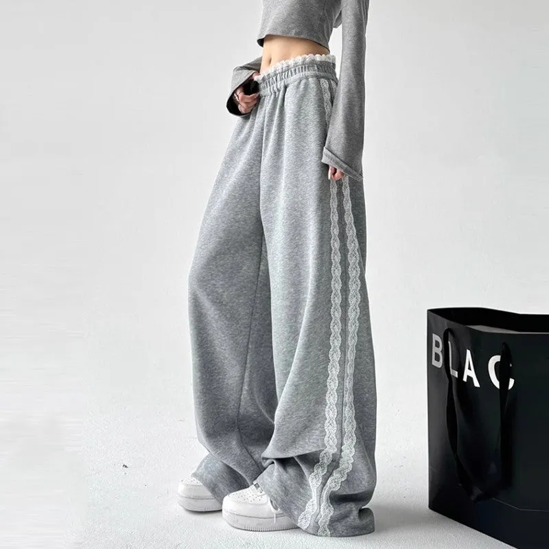 Lace stitching black sweatpants women high waist drape wide leg pants