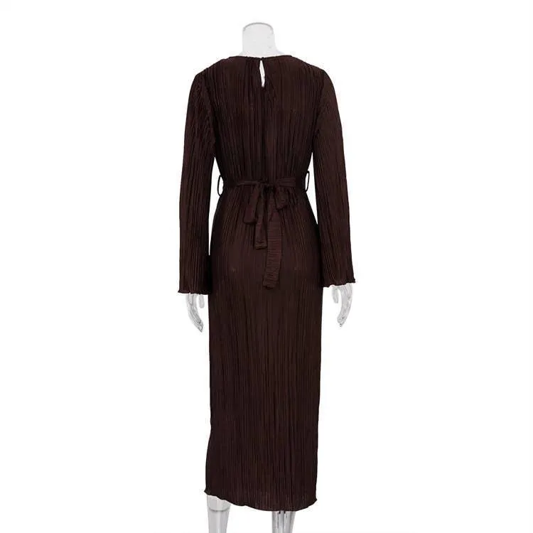 Ladies Long Sleeves Wrinkle Casual Midi Dress LYQ12155T