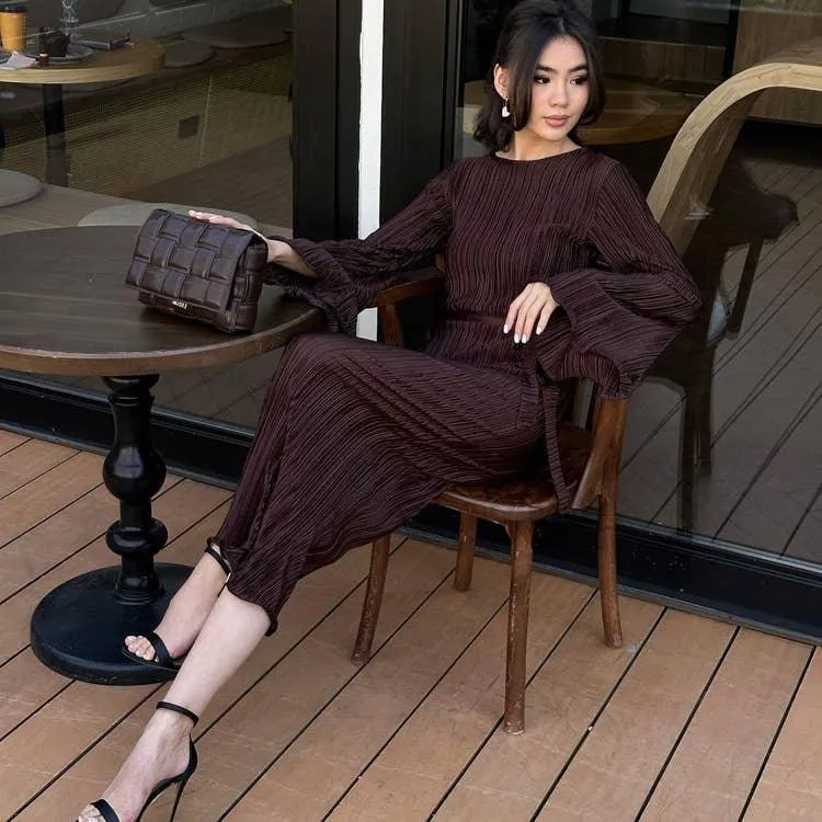 Ladies Long Sleeves Wrinkle Casual Midi Dress LYQ12155T