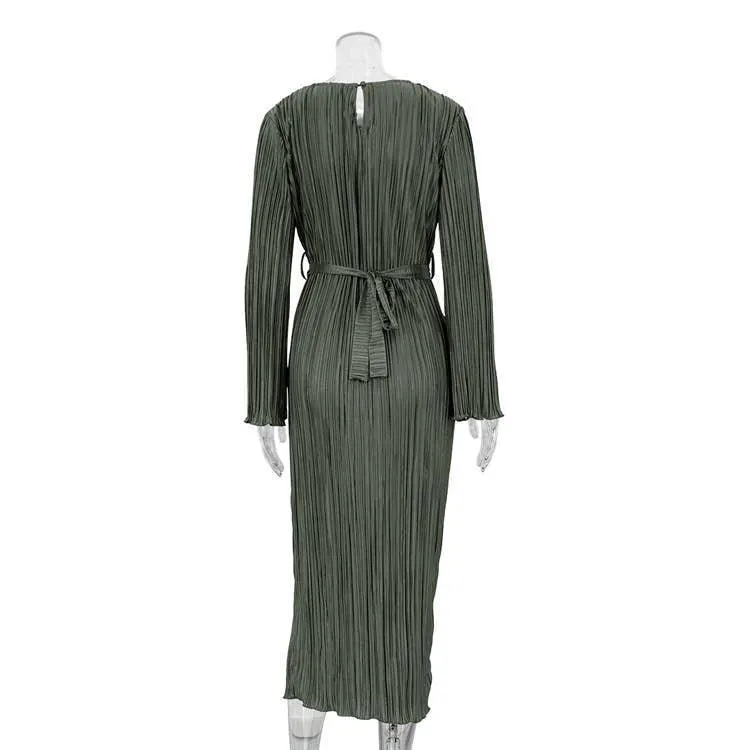 Ladies Long Sleeves Wrinkle Casual Midi Dress LYQ12155T