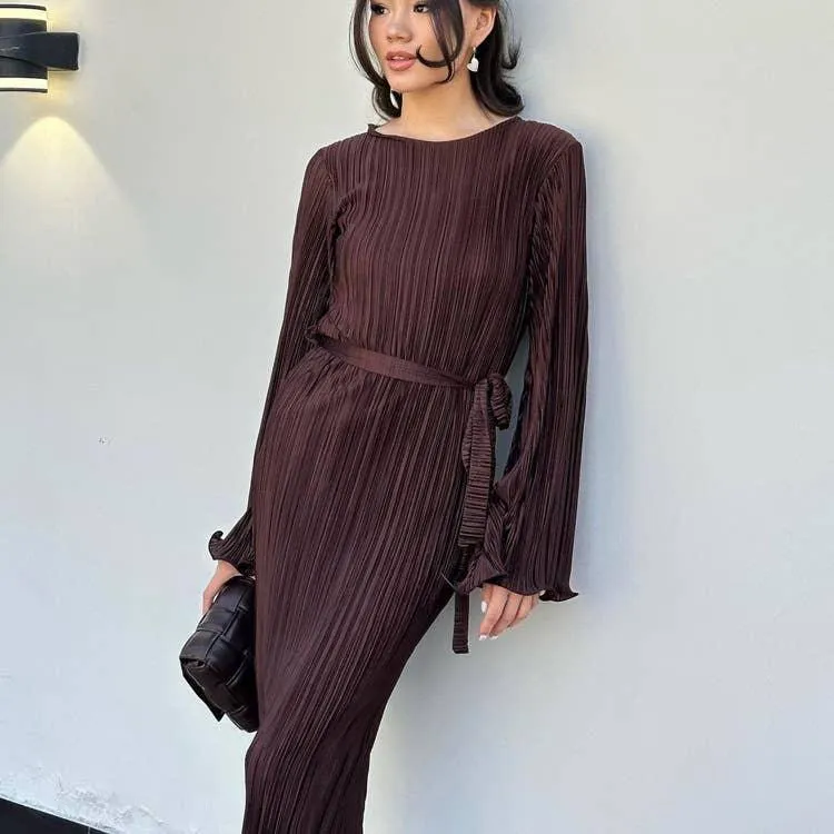 Ladies Long Sleeves Wrinkle Casual Midi Dress LYQ12155T