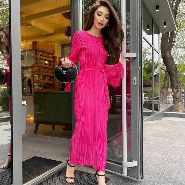 Ladies Long Sleeves Wrinkle Casual Midi Dress LYQ12155T