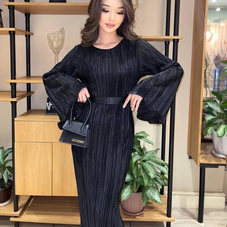 Ladies Long Sleeves Wrinkle Casual Midi Dress LYQ12155T