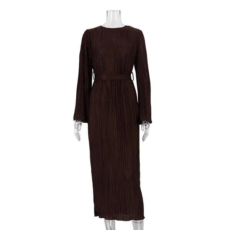 Ladies Long Sleeves Wrinkle Casual Midi Dress LYQ12155T