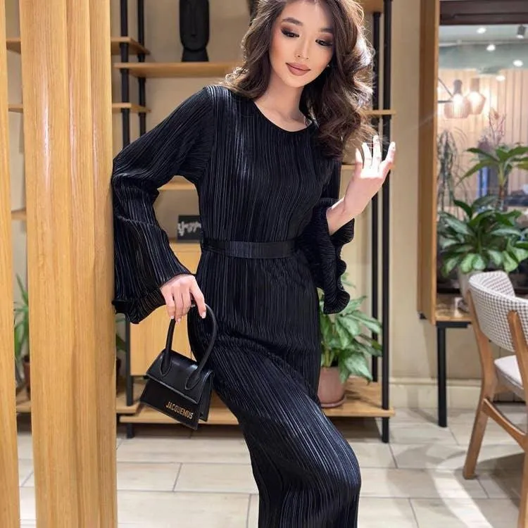 Ladies Long Sleeves Wrinkle Casual Midi Dress LYQ12155T