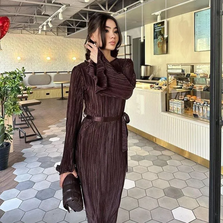 Ladies Long Sleeves Wrinkle Casual Midi Dress LYQ12155T