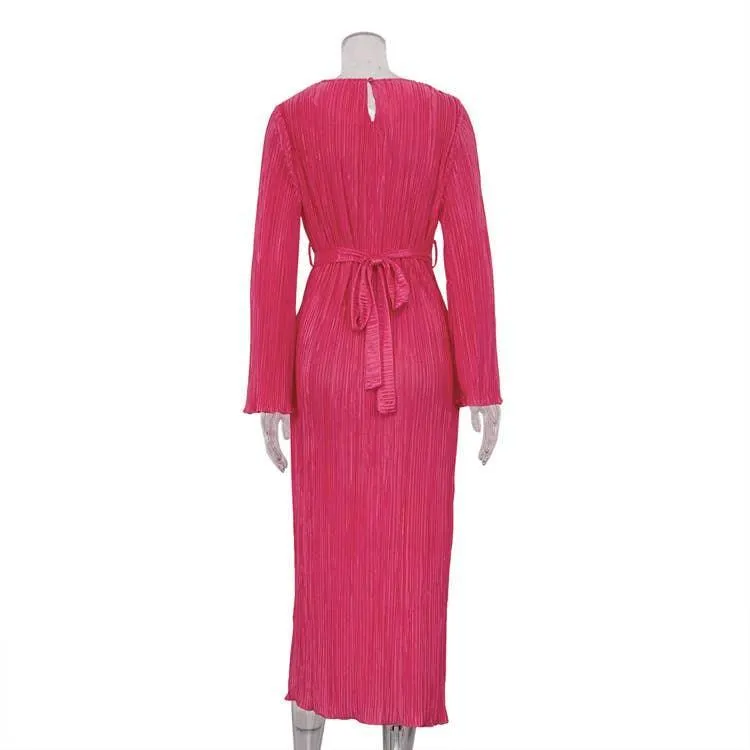 Ladies Long Sleeves Wrinkle Casual Midi Dress LYQ12155T