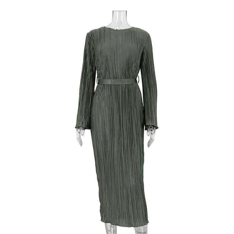 Ladies Long Sleeves Wrinkle Casual Midi Dress LYQ12155T