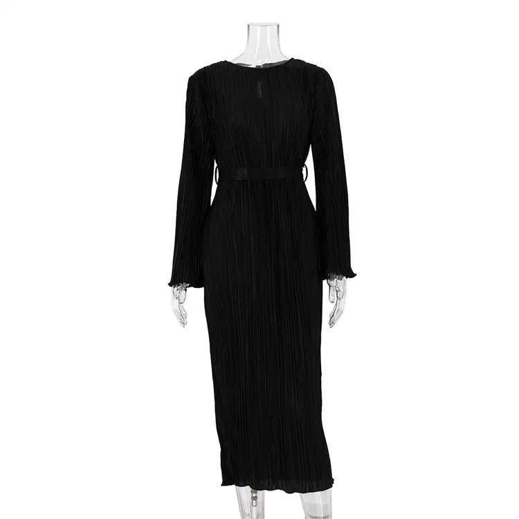 Ladies Long Sleeves Wrinkle Casual Midi Dress LYQ12155T