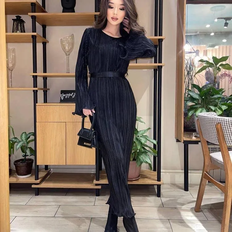 Ladies Long Sleeves Wrinkle Casual Midi Dress LYQ12155T