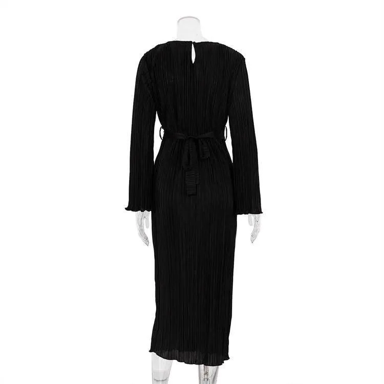 Ladies Long Sleeves Wrinkle Casual Midi Dress LYQ12155T