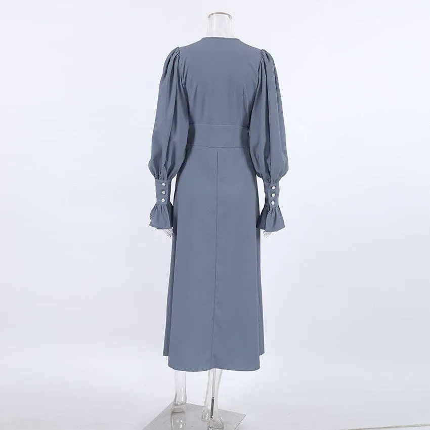 Ladies V-Neck Puff Sleeves Long Dress LYQ8489