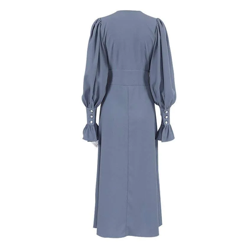 Ladies V-Neck Puff Sleeves Long Dress LYQ8489