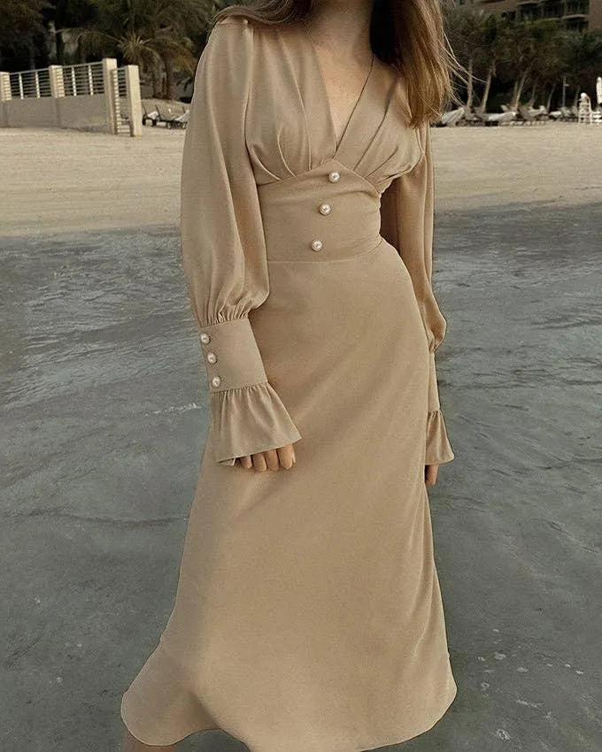 Ladies V-Neck Puff Sleeves Long Dress LYQ8489