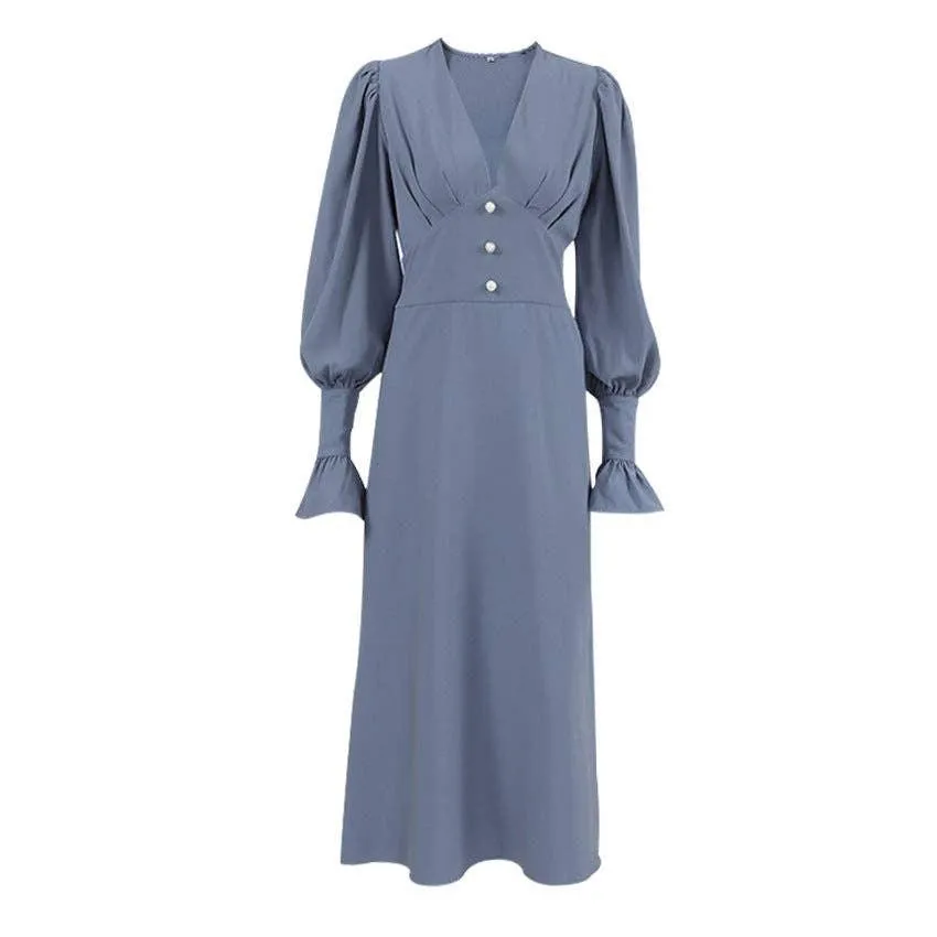 Ladies V-Neck Puff Sleeves Long Dress LYQ8489