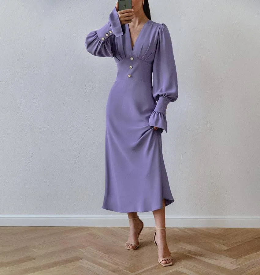 Ladies V-Neck Puff Sleeves Long Dress LYQ8489