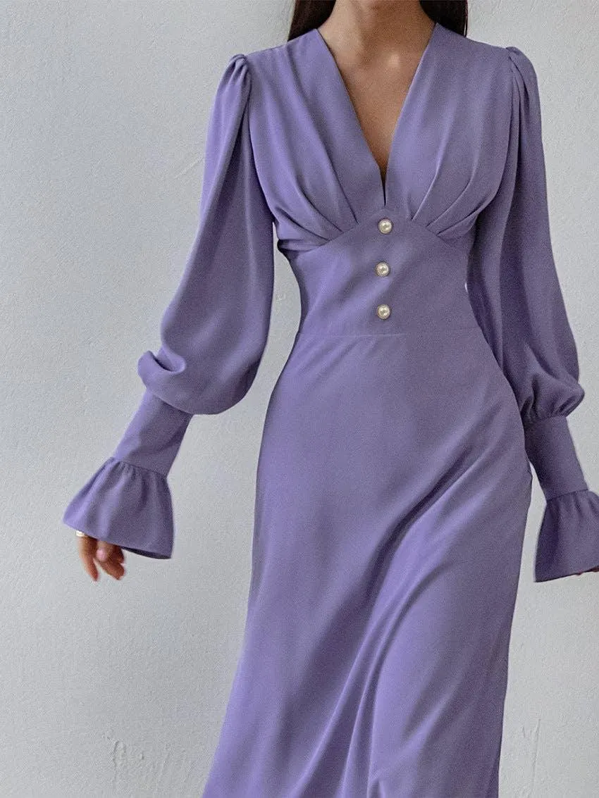 Ladies V-Neck Puff Sleeves Long Dress LYQ8489