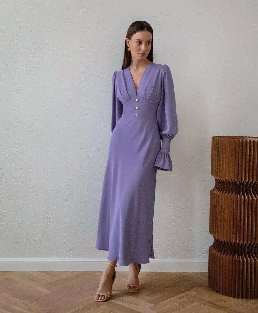 Ladies V-Neck Puff Sleeves Long Dress LYQ8489