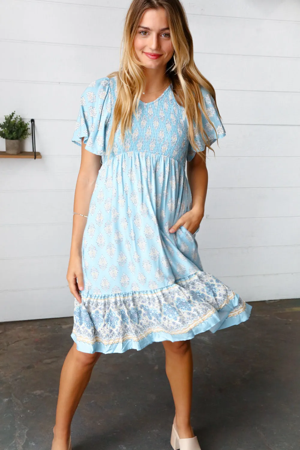 Light Blue Paisley Fit and Flare Smocked Midi Dress