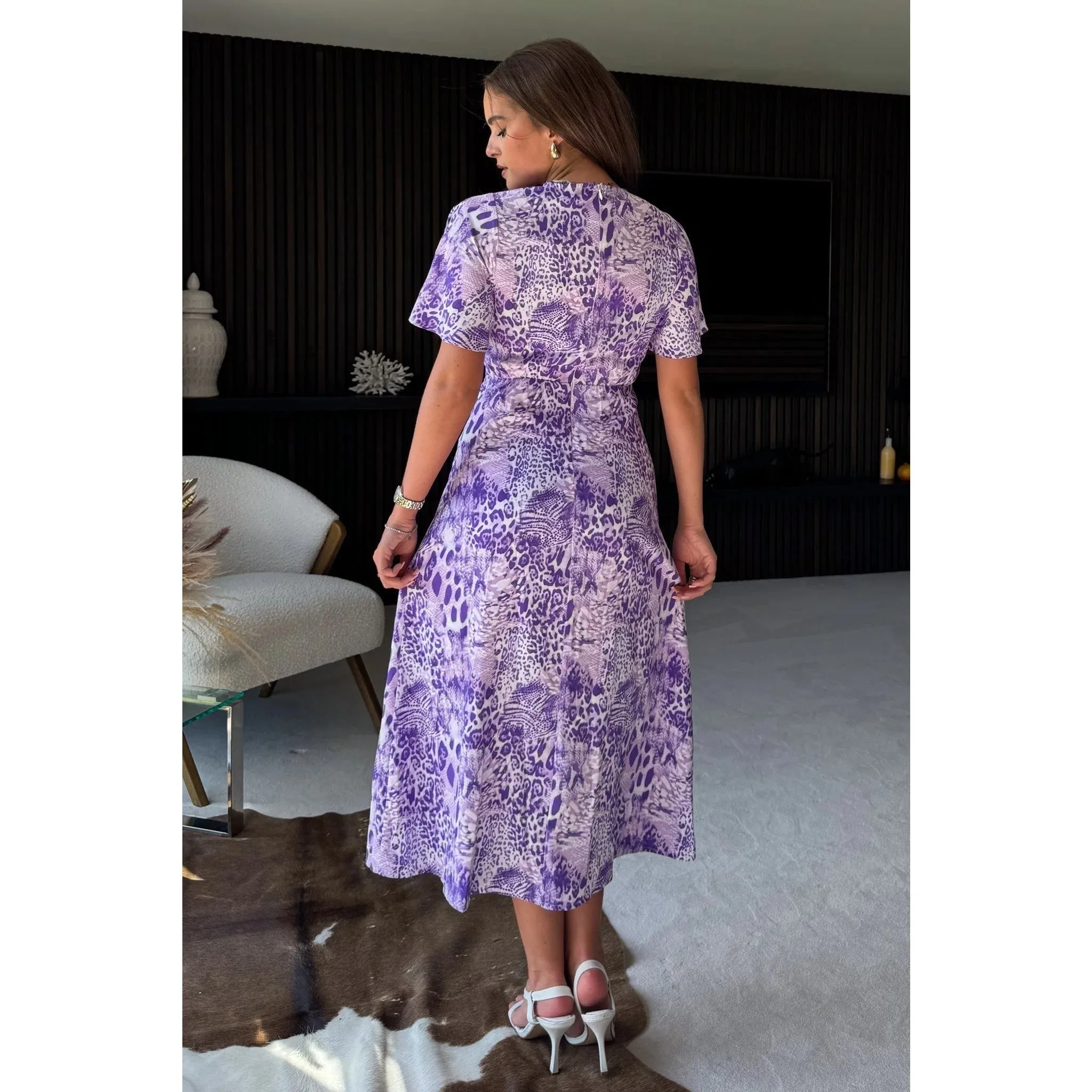 Light Purple Animal Print Midi Dress - V Neck, Angel Sleeves, Front-Side Slits