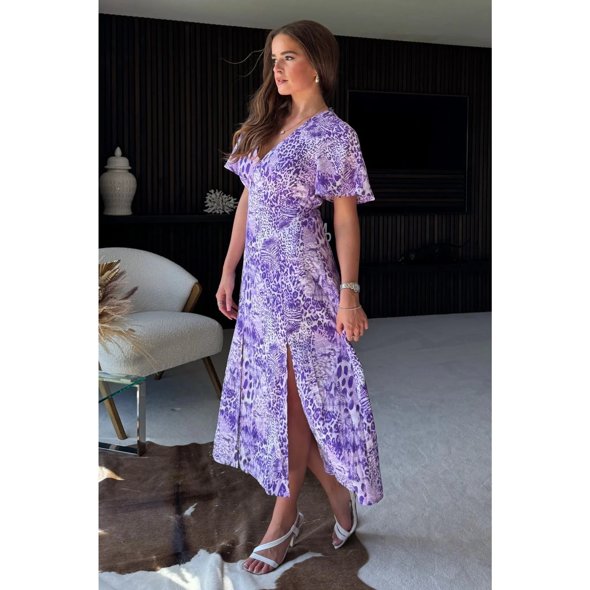 Light Purple Animal Print Midi Dress - V Neck, Angel Sleeves, Front-Side Slits