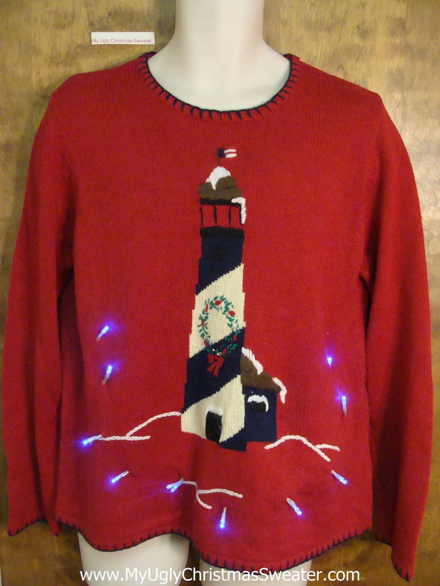 Lighthouse Beach Themed Light Up Ugly Xmas Sweater