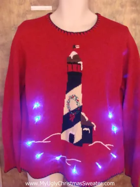 Lighthouse Beach Themed Light Up Ugly Xmas Sweater