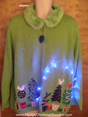 Lime Green Fluffy Collar Light Up Ugly Xmas Sweater 3XL