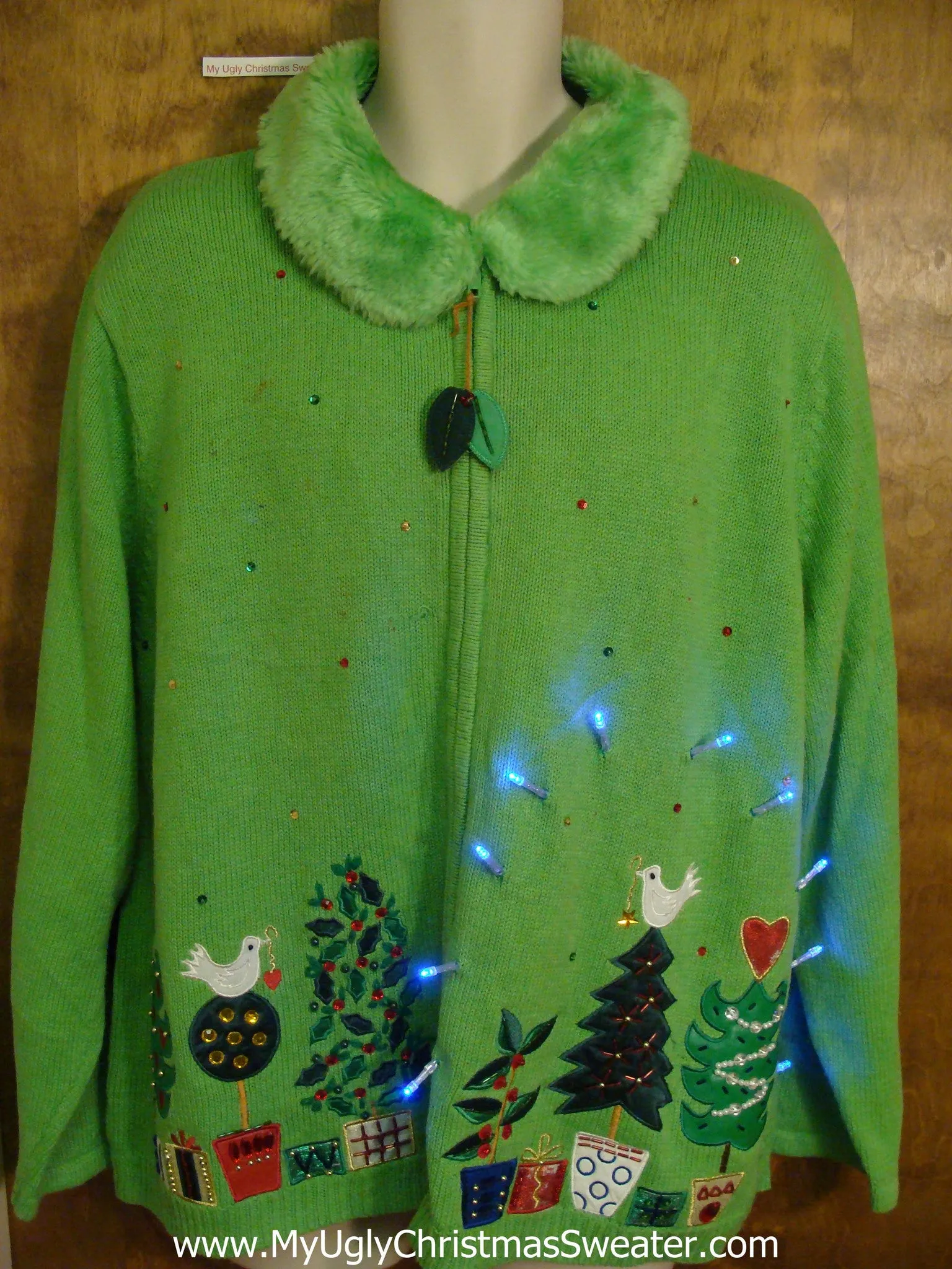 Lime Green Fluffy Collar Light Up Ugly Xmas Sweater 3XL