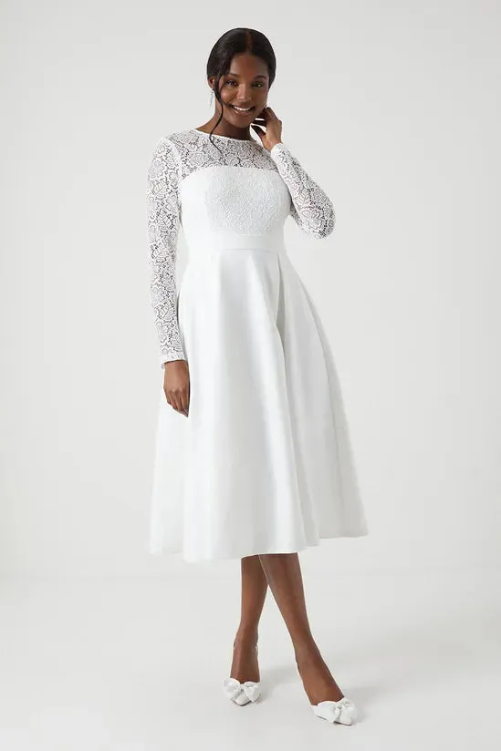 Long Sleeve Lace Ponte Midi Wedding Dress