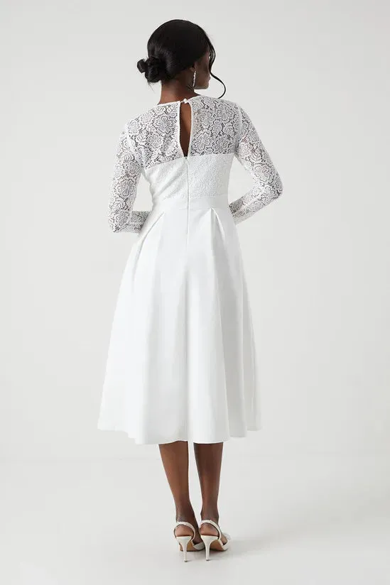 Long Sleeve Lace Ponte Midi Wedding Dress