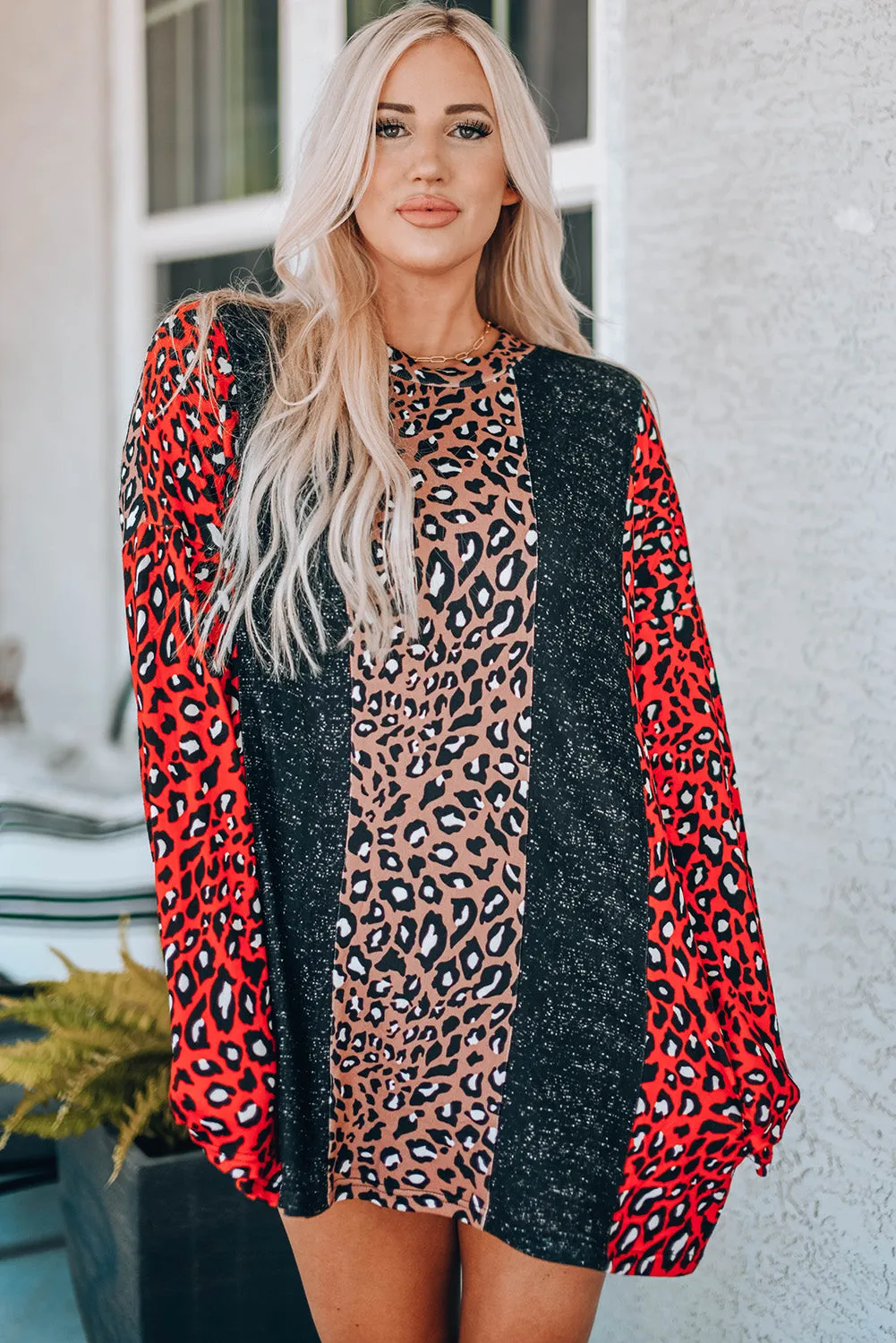 Long Sleeve Leopard Colorblock Tunic Top