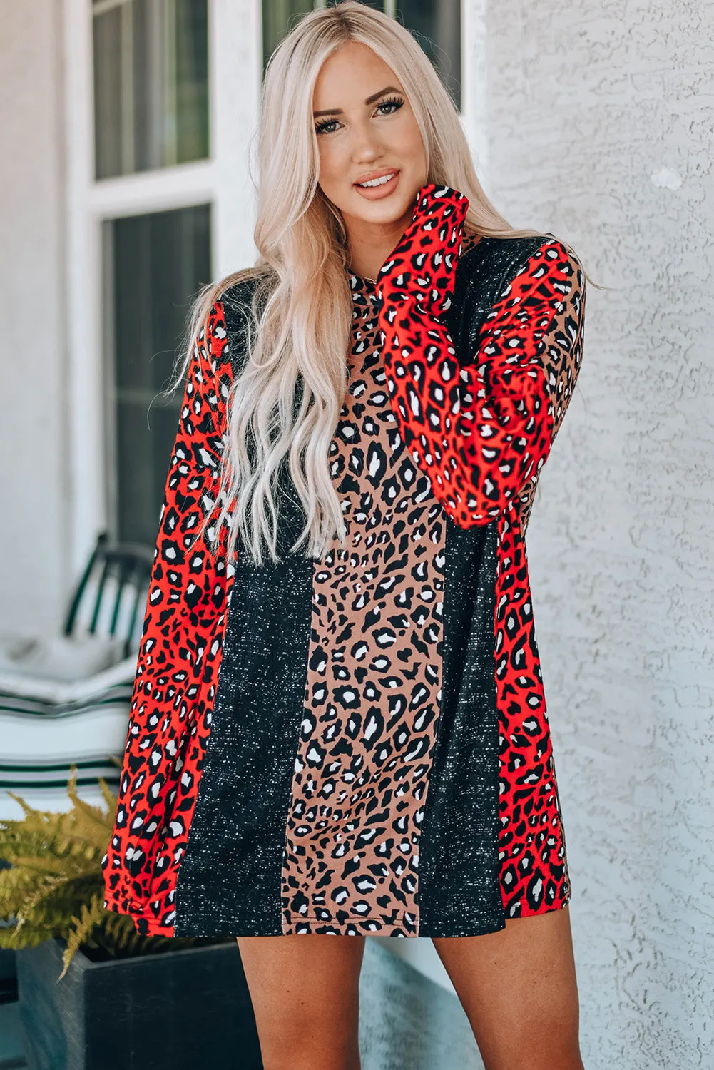 Long Sleeve Leopard Colorblock Tunic Top