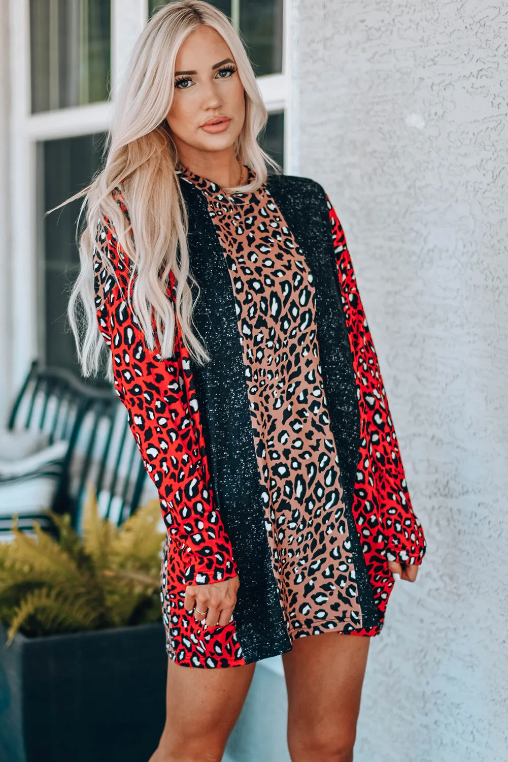 Long Sleeve Leopard Colorblock Tunic Top